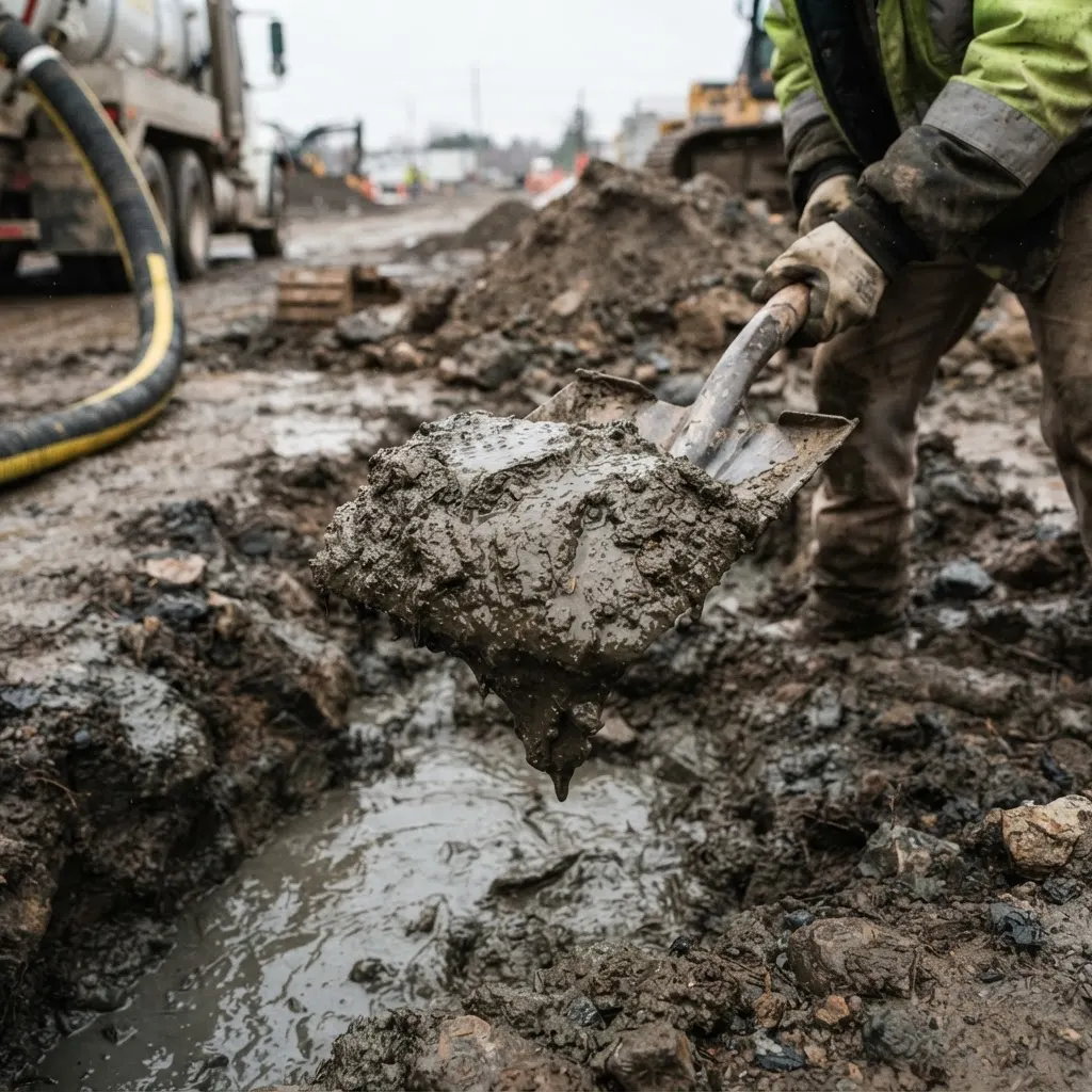 Solidified construction slurry lifting as a moist, cohesive clump on a shovel